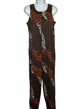 Vintage 80s Pants To Go Zip Unitard Jumpsuit Size S/M Animal Print Patchwork